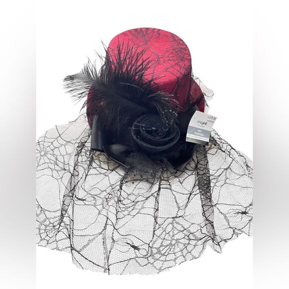 Steampunk Red Felt Hat Lace Spiderweb Veil   Feather Halloween - Picture 3 of 9